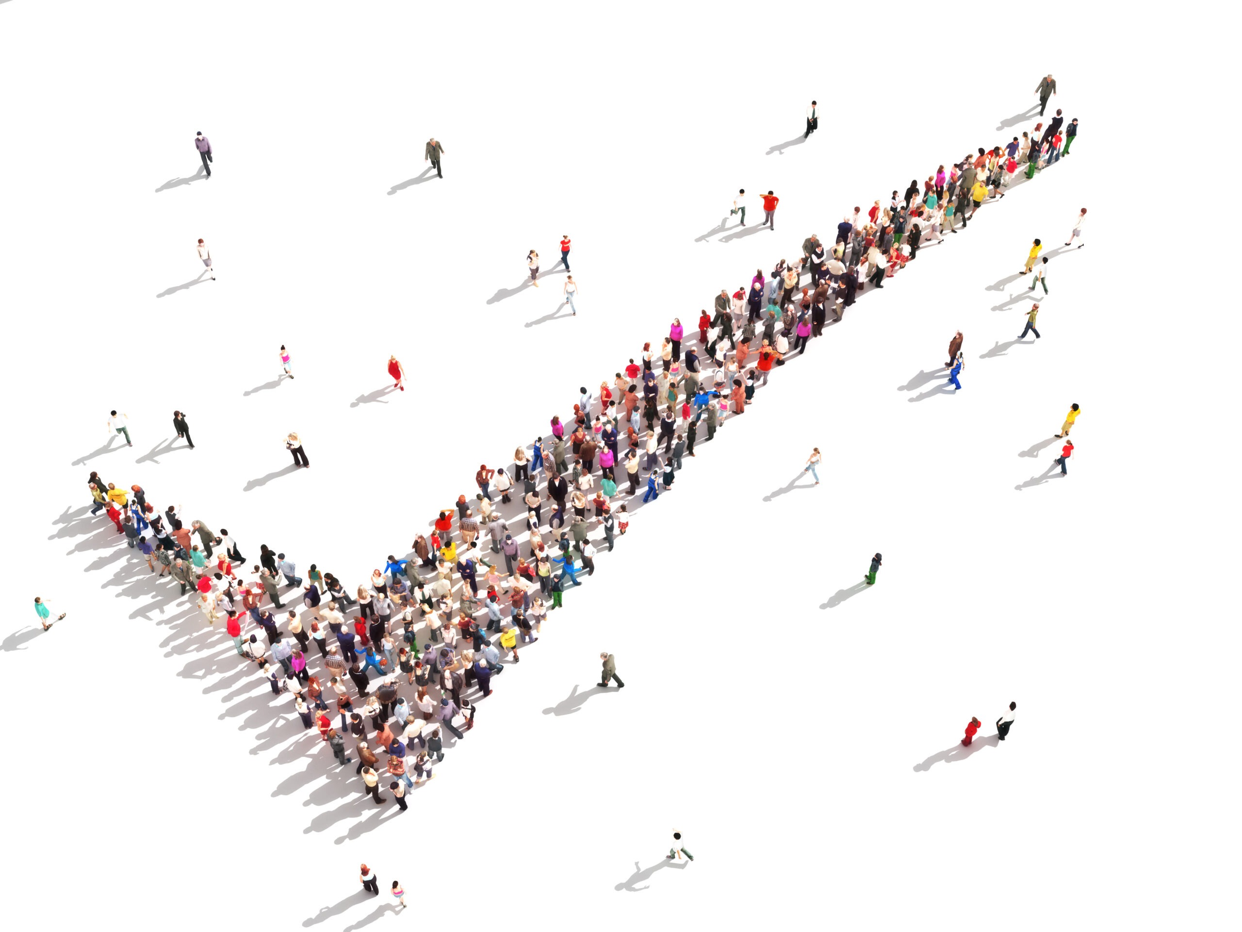 A diverse crowd forms a large checkmark shape on a white background, symbolizing approval or consensus, relevant to topics of agreement or validation.